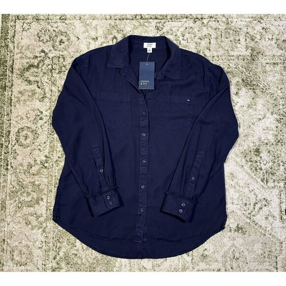 NWT Crown and Ivy Navy Blue Tencel Lyocell Button Down Top Ruffle Cuffs Size S - Picture 1 of 6